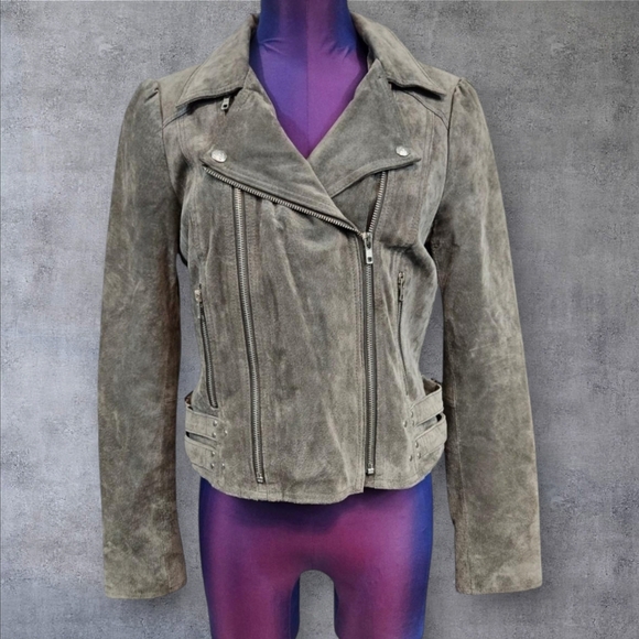 R Drtyle Gray Suede Leather Moto Bomber Short Studded Jacket Size Medium Women's - Picture 1 of 13